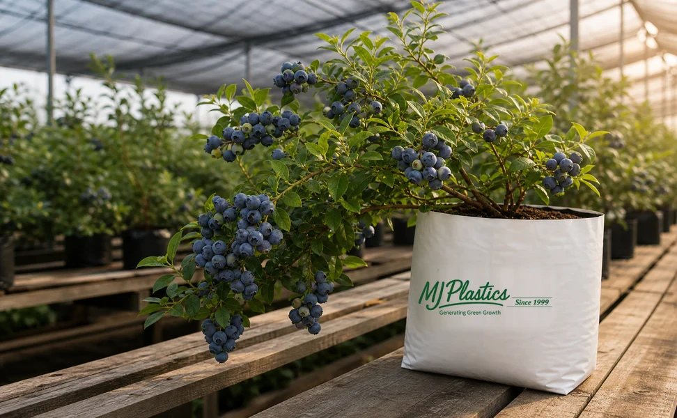 Blueberry clusters growing from a branded MJ Plastics grow bag in a shaded nursery