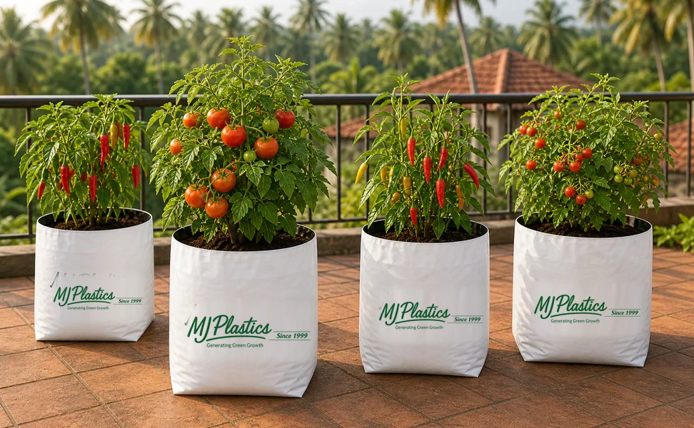 Vegetables growing in multiple branded MJ Plastics grow bags on a Kerala terrace