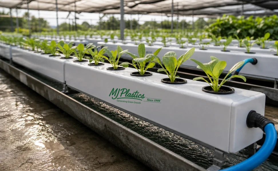 Installed MJ Plastics hydroponic holder with seedlings, water channel and irrigation tubing