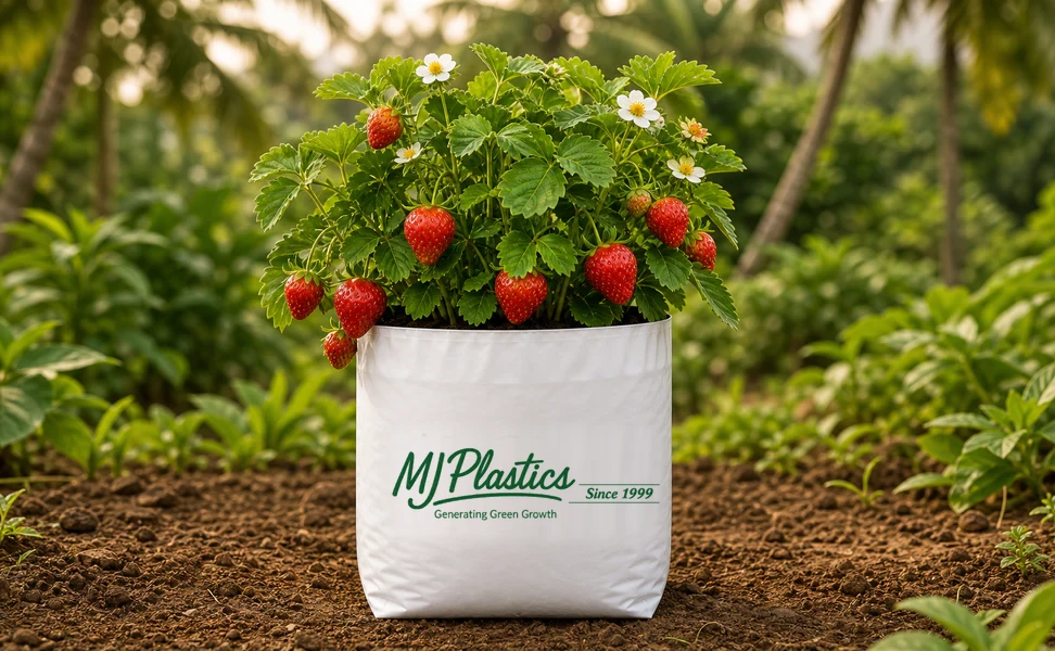 Ripe strawberries growing in a branded white MJ Plastics grow bag