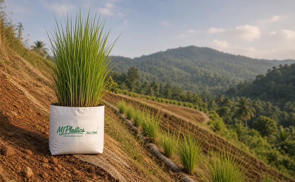 Tall vetiver grass in a branded MJ Plastics grow bag on an erosion-control hillside