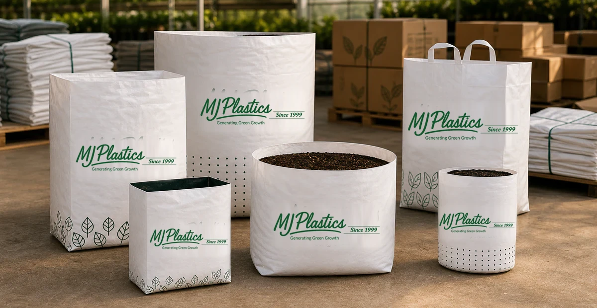 Commercial range of branded MJ Plastics grow bags in different sizes and printed variants