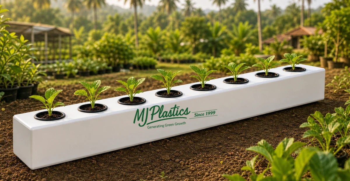 Branded rectangular MJ Plastics plant holder shown as a commercial product